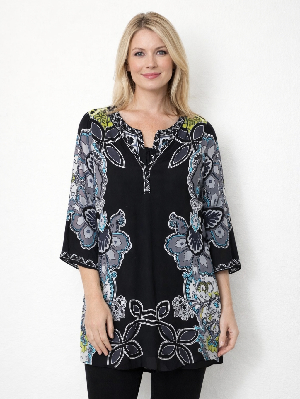Hale Bob Black Floral Print 3/4 Sleeve Tunic Dress Boho Size Medium